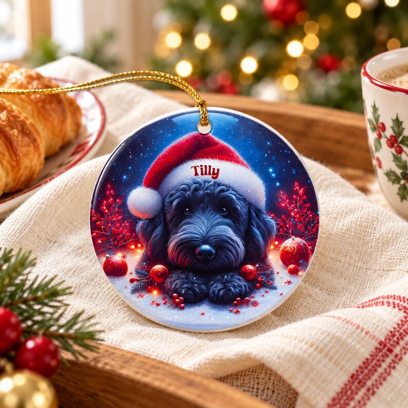 May include: A round ceramic Christmas ornament featuring a black dog wearing a red and white Santa hat. The name Tilly is printed in red on the hat brim. The background shows red berries and glowing lights on a dark blue snowy surface.