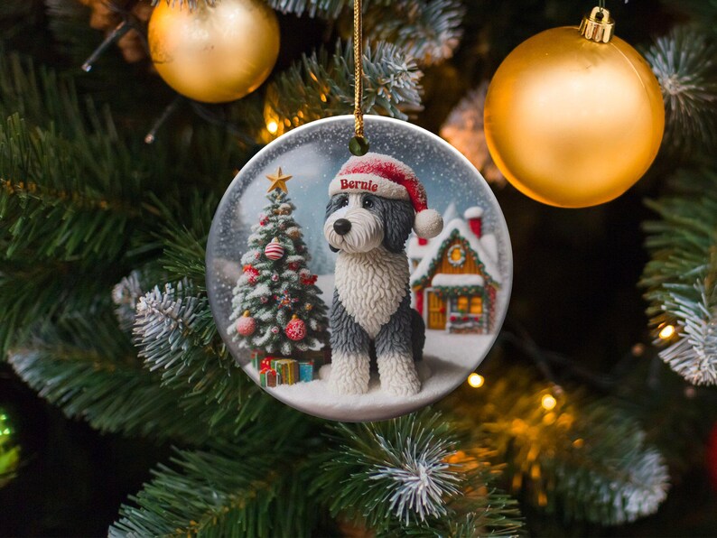 Dog Ceramic Ornament, Sheepadoodle Keepsake - Sublimation Art | Festive Dog Decor, Double Sided Artwork | 3 Inch Christmas Gift image 5