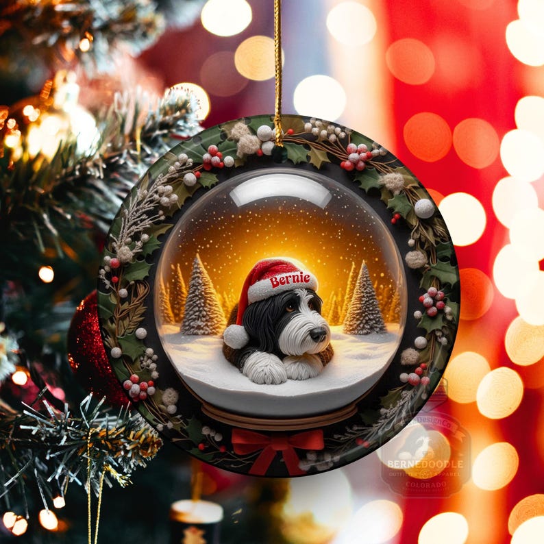 May include: A round Christmas ornament featuring a snow globe design with a black and white dog wearing a Santa hat with the name "Bernie". The ornament is surrounded by a wreath of greenery and red berries, with a red bow at the bottom.