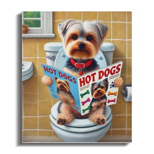 Humoristisk canvastavla med Yorkshire terrier-motiv: Rolig badrumsdekoration för hundälskare bild 3