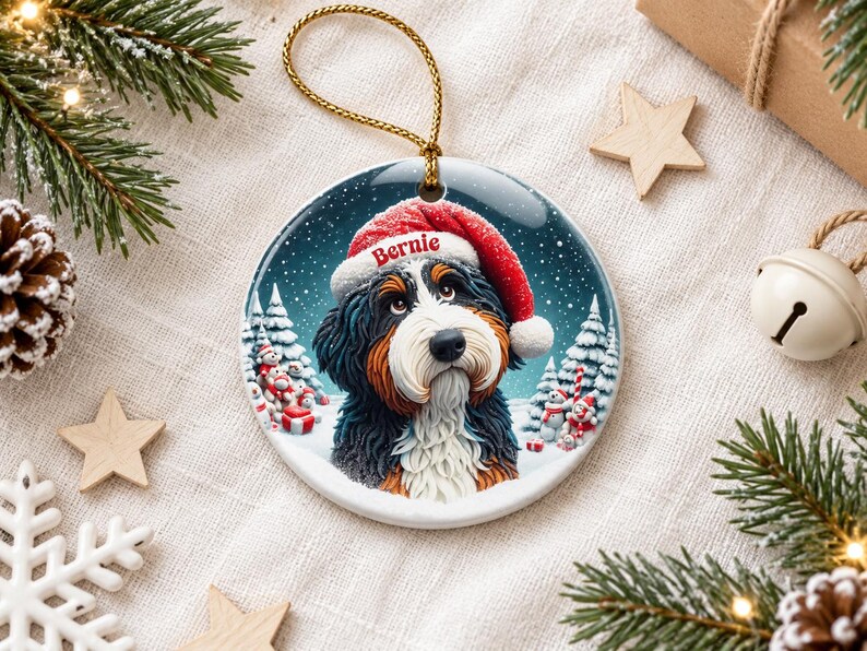 May include: A round ceramic Christmas ornament featuring a Bernese Mountain Dog wearing a red Santa hat with the name Bernie printed on the brim. The dog is set against a snowy winter landscape with pine trees and small gift boxes.