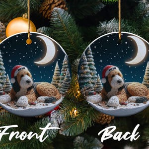 Dog Christmas Ornaments, Holiday Tree Decorations, Double-Sided Decor, Festive Puppy Illustration, Moon and Snow Design