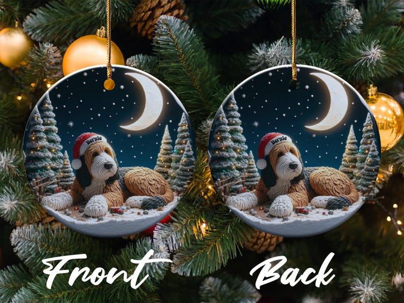 Dog Christmas Ornaments, Holiday Tree Decorations, Double-Sided Decor, Festive Puppy Illustration, Moon and Snow Design