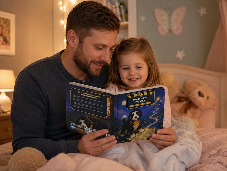 Pu&ograve; includere: Un libro per bambini con copertina rigida intitolato Bernie and the Star That Lost Its Way, che raffigura un cucciolo bianco e nero con una bandana gialla in copertina, su uno sfondo di cielo notturno blu scuro con un sentiero di stelle.