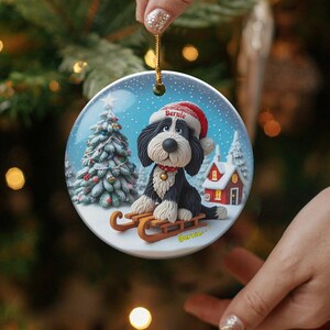 Christmas Ornament, Bernedoodle Sledding Scene | Sublimation Ceramic Decor | 3-Inch Glossy Flat Double-Sided image 9