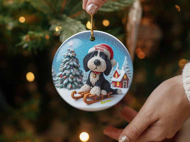 Christmas Ornament, Bernedoodle Sledding Scene | Sublimation Ceramic Decor | 3-Inch Glossy Flat Double-Sided image 9