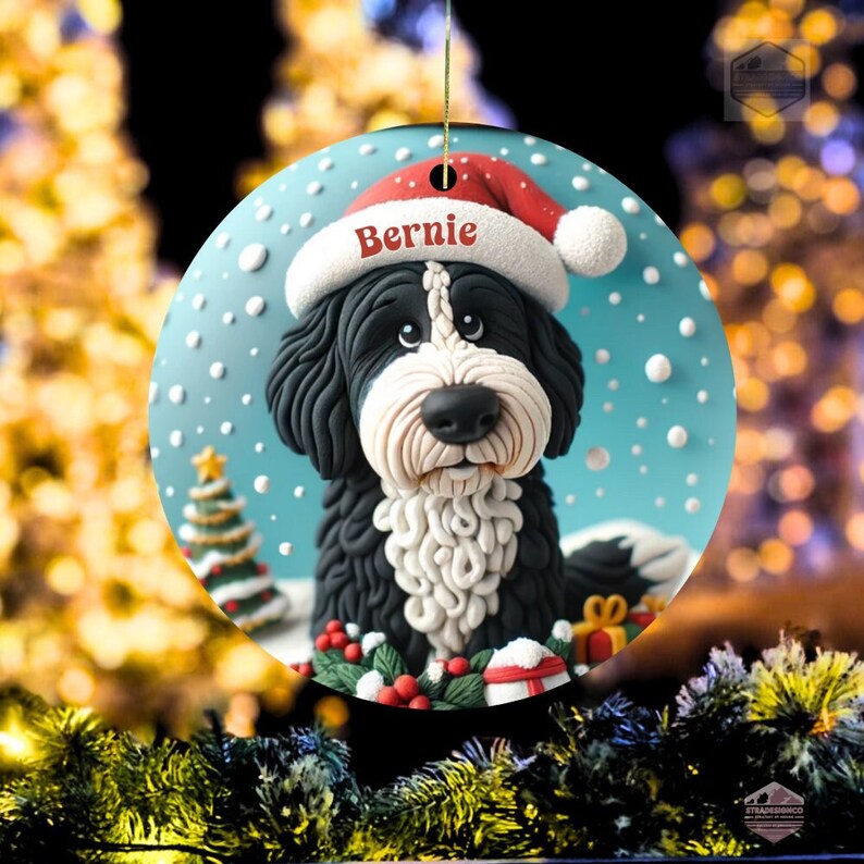 Cute clay style bernedoodle looking worried that Santa isnt coming.  Personalized bernedoodle ornament.
