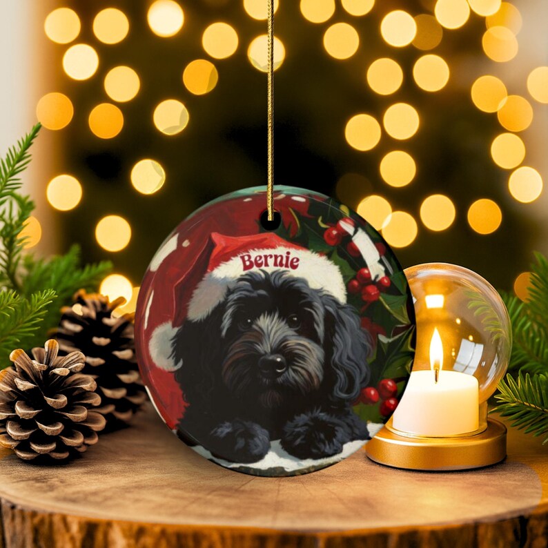 A black bernedoodle dog wearing a santa hat that is personalized with their name on it in this adorable Ceramic ornament!  Design appears on the front and the back of this doodle dog ornament!