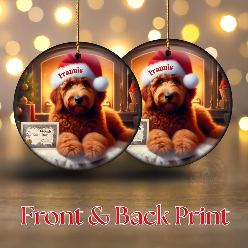 Pu&ograve; includere: Due decorazioni natalizie rotonde con un cane marrone con un cappello da Babbo Natale con il nome "Frannie". Il cane &egrave; di fronte a una scena di camino. Un ornamento ha un piccolo cartello con la scritta "Good Dog". Il testo "Front & Back Print" &egrave; in basso.
