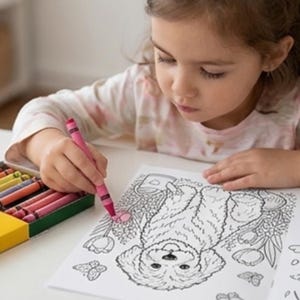 K&ouml;nnte beinhalten: Ein rosa Wachsmalstift in einer Hand, der ein schwarz-wei&szlig;es Strichm&auml;nnchen-Bild eines flauschigen Hundes umgeben von Blumen und Schmetterlingen ausmalt. Eine gr&uuml;ne Schachtel mit einer Auswahl an bunten Wachsmalstiften liegt daneben.