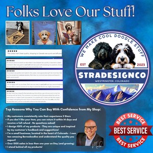 May include: A promotional graphic featuring the text Folks Love Our Stuff, a circular logo for STRADESIGNCO with two Bernedoodle dogs, a mountain landscape, and a portrait of a person. Includes customer reviews and a list of shop policies.