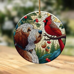 Doodle Dog and Cardinal Ceramic Ornament, Faux Stained Glass Design image 1