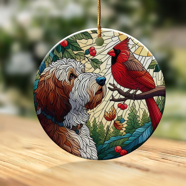 Doodle Dog and Cardinal Ceramic Ornament, Faux Stained Glass Design