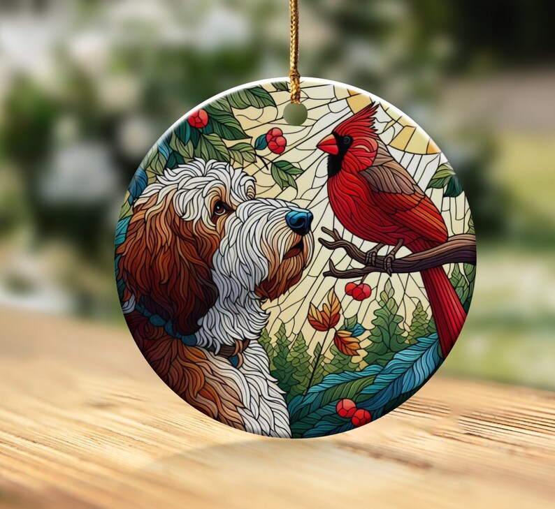 Doodle Dog and Cardinal Ceramic Ornament, Faux Stained Glass Design image 1