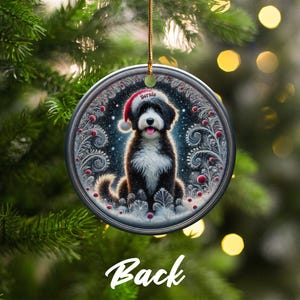 Dog Ornament Holiday, Personalized Bernedoodle Keepsake | Ceramic | Two-Sided Sublimation Print, Gold Hanger image 5