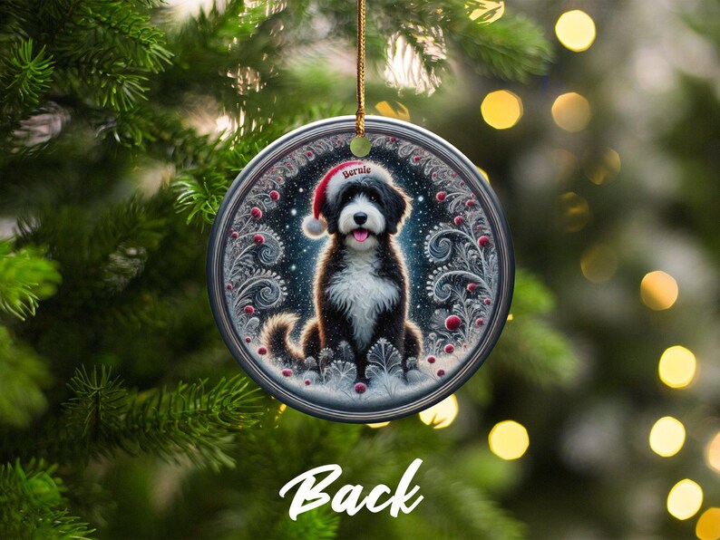 Dog Ornament Holiday, Personalized Bernedoodle Keepsake | Ceramic | Two-Sided Sublimation Print, Gold Hanger image 5
