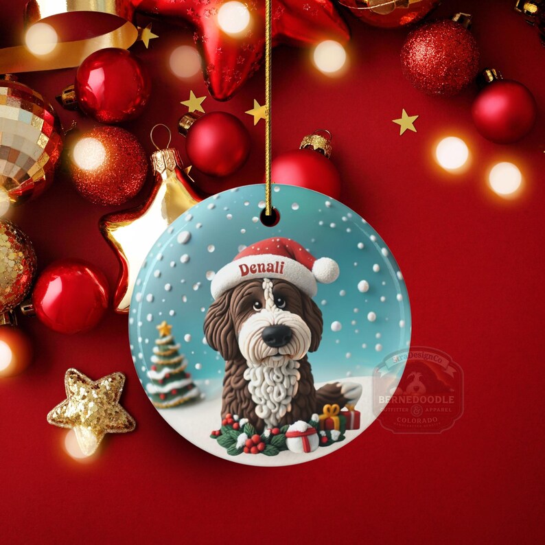 Personalized Brown Bernedoodle Christmas Ornament, Custom Dog Keepsake | Ceramic | 2.76-Inch Round Holiday Decoration, Sublimation image 3