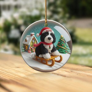 Dog Sled Snowglobe, Custom Bernedoodle Ornament | Ceramic | Double-Sided Sublimation Print, Holiday Tree Charm, 3 Inch immagine 6