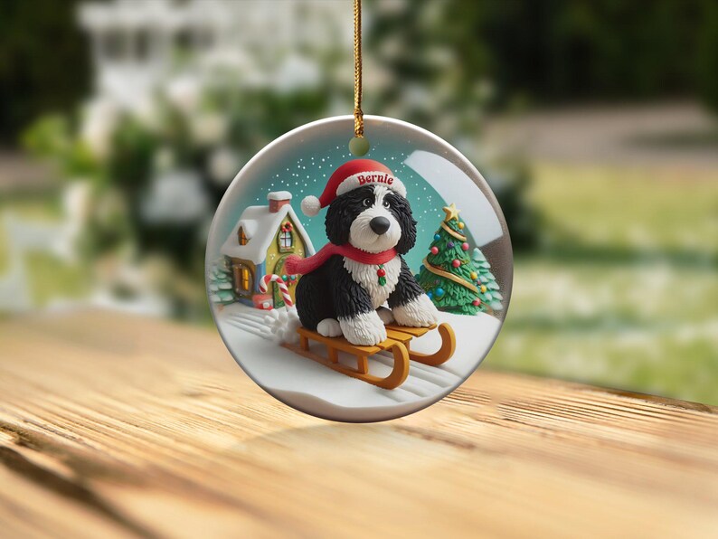 Dog Sled Snowglobe, Custom Bernedoodle Ornament | Ceramic | Double-Sided Sublimation Print, Holiday Tree Charm, 3 Inch immagine 6
