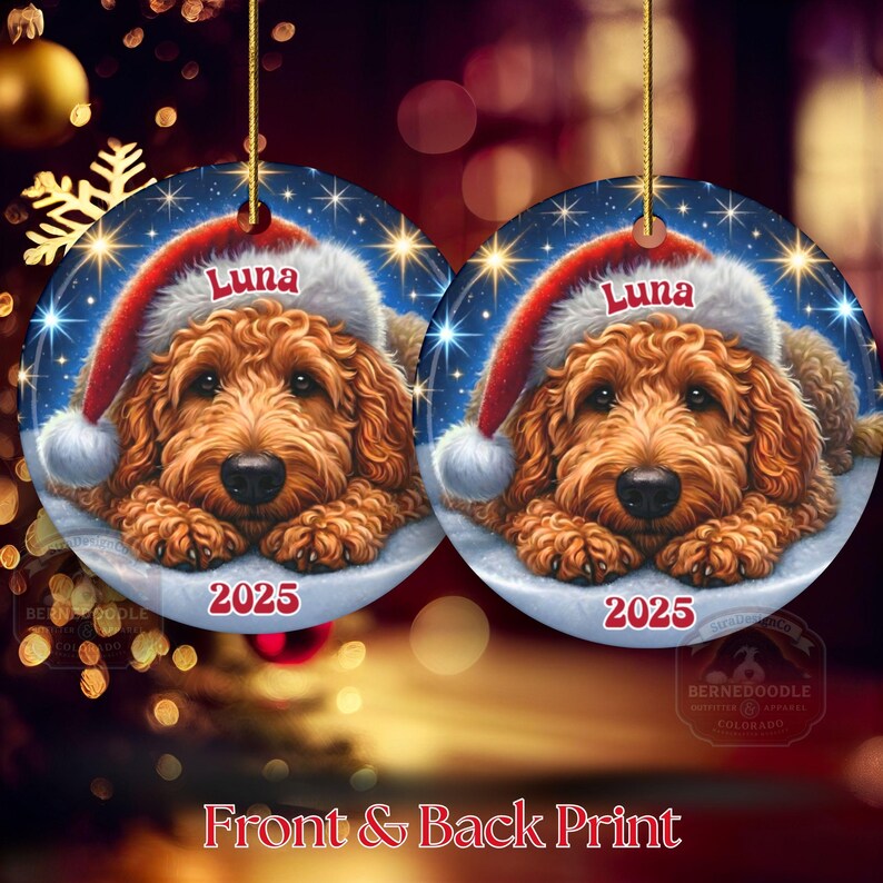 A ceramic ornament of a goldendoodle dog wearing a Santa hat, personalized with the dog's name and the year.  Gorgeously placed in a warm background with candles and Christmas lights.  Picture shows front and back printing.
