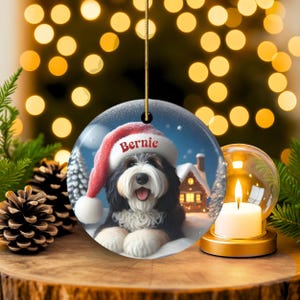 Individuell gestalteter Hunde-Ornament Bernedoodle, Weihnachtsmannmütze, festliches Erinnerungsstück (beidseitiger Sublimationsdruck, Keramik) Bild 11