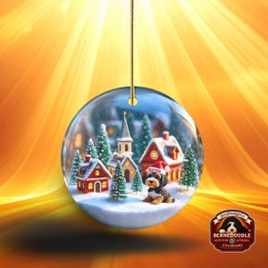 Snow globe style design personalized ceramic bernedoodle ornament with a warm backdrop Christmas dog ornament with festive winter scene.  Great gift idea for doodle moms and doodle dog lovers!