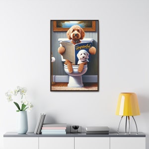 bathroom wall art,dog bathroom art,dog on toilet,doodle,doodle art,doodle on toilet,funny bathroom art,funny dog portrait,goldendoodle,goldendoodle art,goldendoodle gifts,pet illustration,wall art
