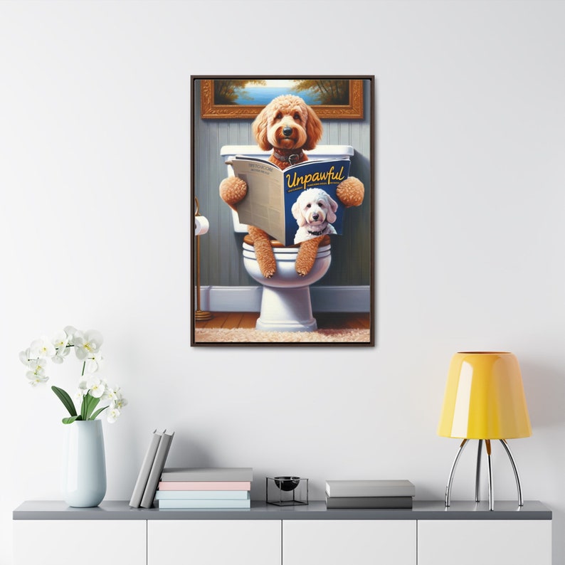 bathroom wall art,dog bathroom art,dog on toilet,doodle,doodle art,doodle on toilet,funny bathroom art,funny dog portrait,goldendoodle,goldendoodle art,goldendoodle gifts,pet illustration,wall art