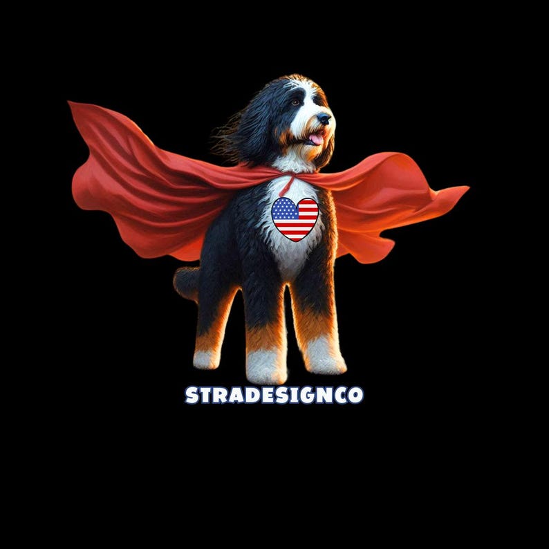 May include: A digital illustration of a dog wearing a red cape, with a heart-shaped emblem featuring the American flag on its chest. The dog has black, white, and brown fur. The text "STRADESIGNCO" is at the bottom.