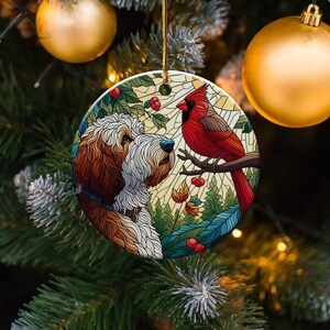 Doodle Dog and Cardinal Ceramic Ornament, Faux Stained Glass Design image 6