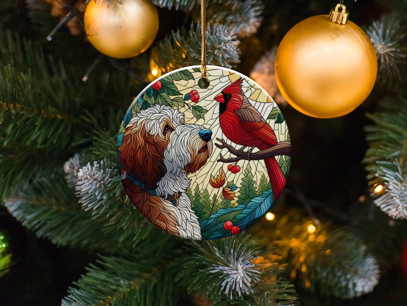 Doodle Dog and Cardinal Ceramic Ornament, Faux Stained Glass Design image 6