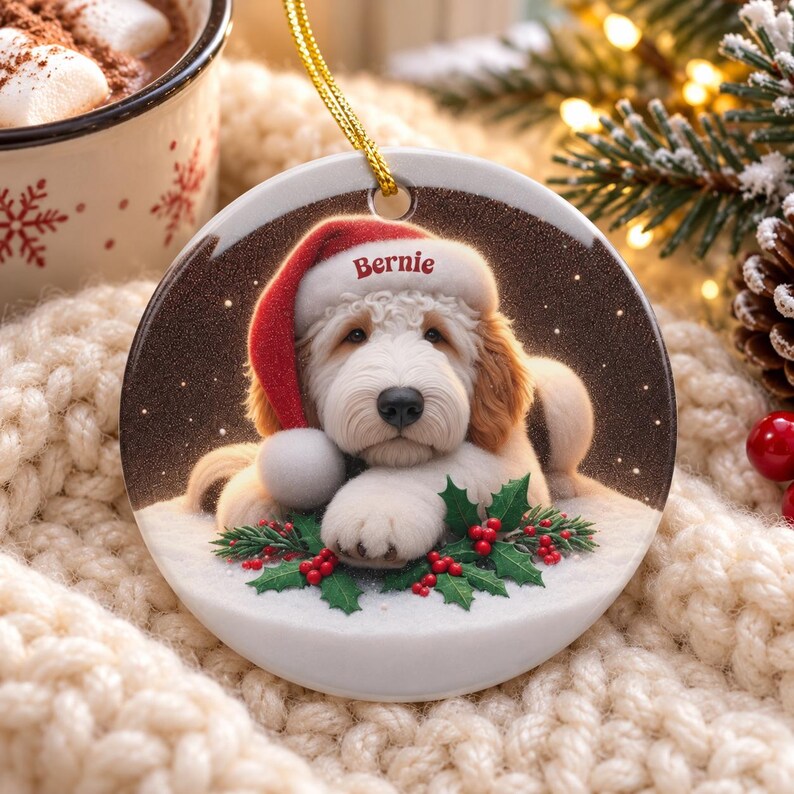 May include: A round ceramic Christmas ornament featuring a fluffy white and tan dog wearing a red Santa hat with the name Bernie printed on the brim. The dog rests on a snowy surface decorated with green holly leaves and red berries.