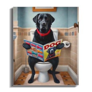 Funny Black Lab Bathroom Canvas Art, Dog on Toilet Print, Pet Lover Gift image 3