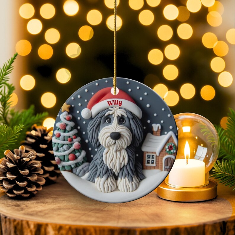 Christmas dog sheepadoodle ceramic ornament hanging on display in the Christmas living room!  Cute santa hat puppy decor, personalized pet ornament, holiday tree decoration, custom dog gift, festive pet decor.  Doodle lover Christmas decoration for Sheepadoodle Sheepa Doodle Moms!