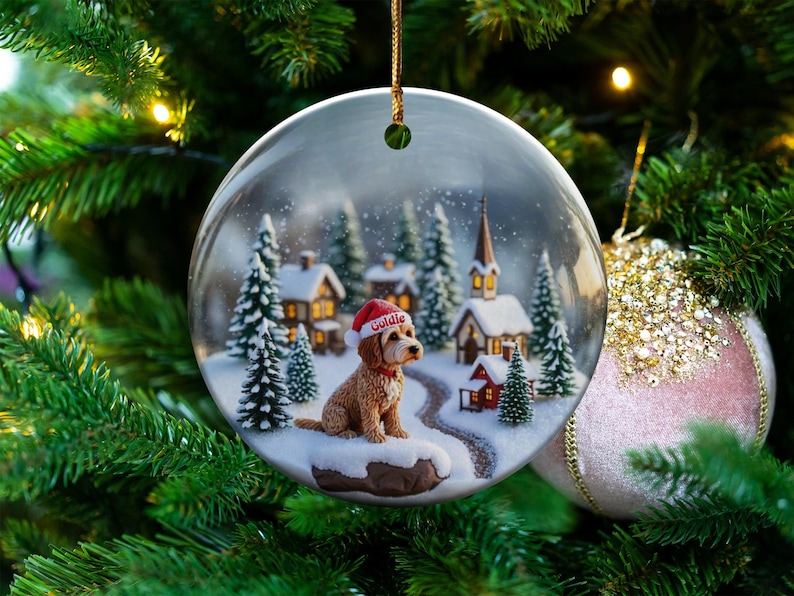 Personalized Custom Dog Ornament, Holiday Christmas Tree Decor, Pet Lover Gift, Winter Wonderland Scene, Dog Mom Dad Present