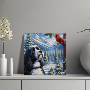 Doodle Dog and Cardinal Canvas Art, Winter Scene, Dog Lover Gift image 7