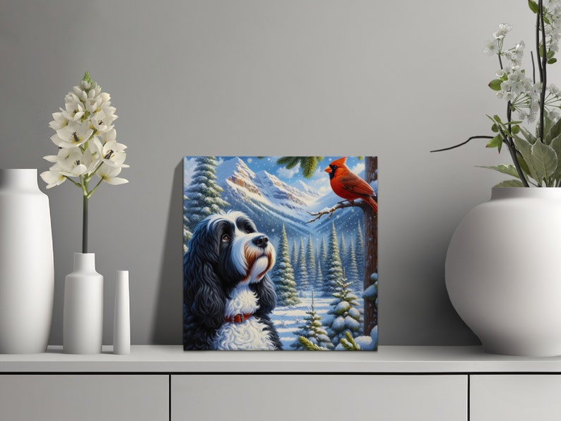 Doodle Dog and Cardinal Canvas Art, Winter Scene, Dog Lover Gift image 7