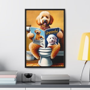 Goldendoodle Toilet Pet Portrait, Dog Reading Magazine, funny dog portrait, guest bathroom wall art, labradoodle lover gift, pet lover image 4