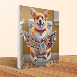Funny Corgi Bathroom Canvas Art: Quirky Dog Lover Home Decor image 1