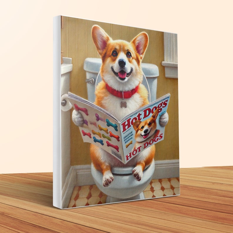 Funny Corgi Bathroom Canvas Art: Quirky Dog Lover Home Decor image 1