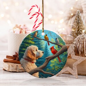 Keramikornament mit Kardinal und Goldendoodle, Design im Ölgemälde-Stil, Geschenk für Kardinalliebhaber, Muttertag, Vogelliebhaber, Geschenk für Doodle-Mütter Bild 6