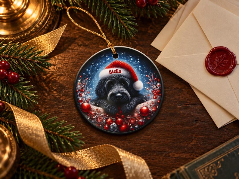 May include: A round ceramic Christmas ornament featuring a black dog wearing a red and white Santa hat with the name Stella printed on the brim. The dog is surrounded by red berries and festive foliage against a dark, starry background.