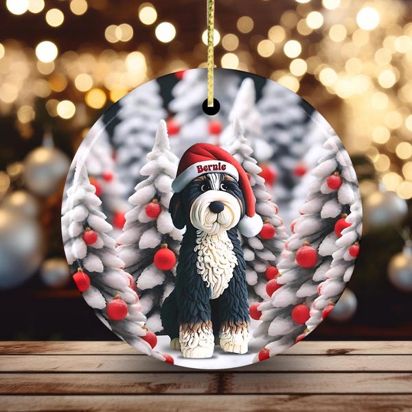 Bernedoodle Portrait, Nostalgic Clay Look Ornament | Ceramic Sublimation | 2.76 Inch Round, Christmas Tree Decor