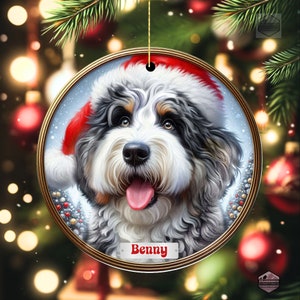 Merle Bernedoodle Fade with Hazel Eyes in a Christmas Ornament - Personalized with Your Dog's Name