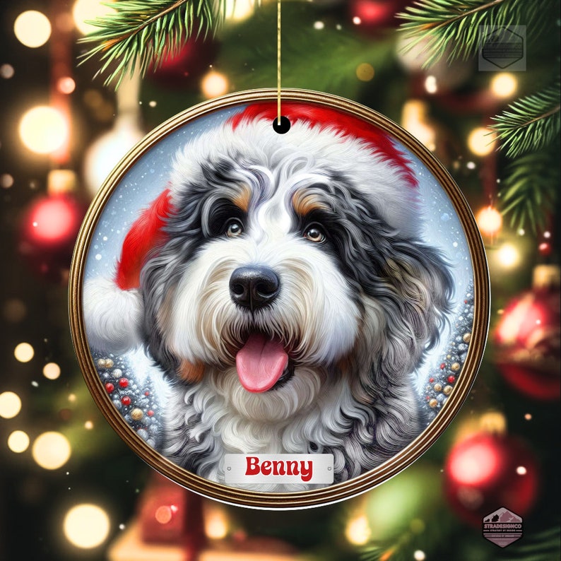 Merle Bernedoodle Fade with Hazel Eyes in a Christmas Ornament - Personalized with Your Dog's Name
