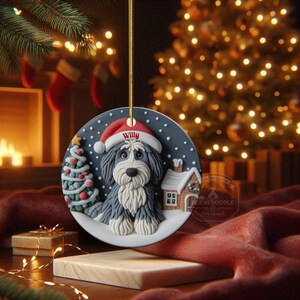 Christmas dog sheepadoodle ceramic ornament hanging on display in the Christmas living room!  Cute santa hat puppy decor, personalized pet ornament, holiday tree decoration, custom dog gift, festive pet decor.  Doodle lover Christmas decoration for Sheepadoodle Sheepa Doodle Moms!