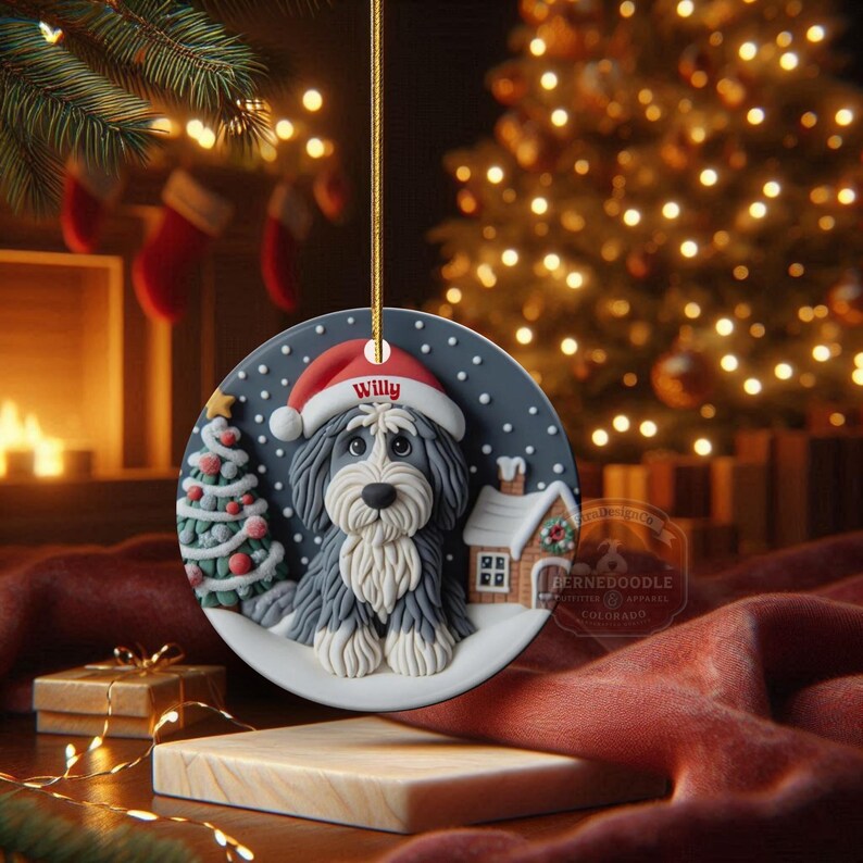 Christmas dog sheepadoodle ceramic ornament hanging on display in the Christmas living room!  Cute santa hat puppy decor, personalized pet ornament, holiday tree decoration, custom dog gift, festive pet decor.  Doodle lover Christmas decoration for Sheepadoodle Sheepa Doodle Moms!