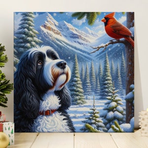 Doodle Dog and Cardinal Canvas Art, Winter Scene, Dog Lover Gift image 5