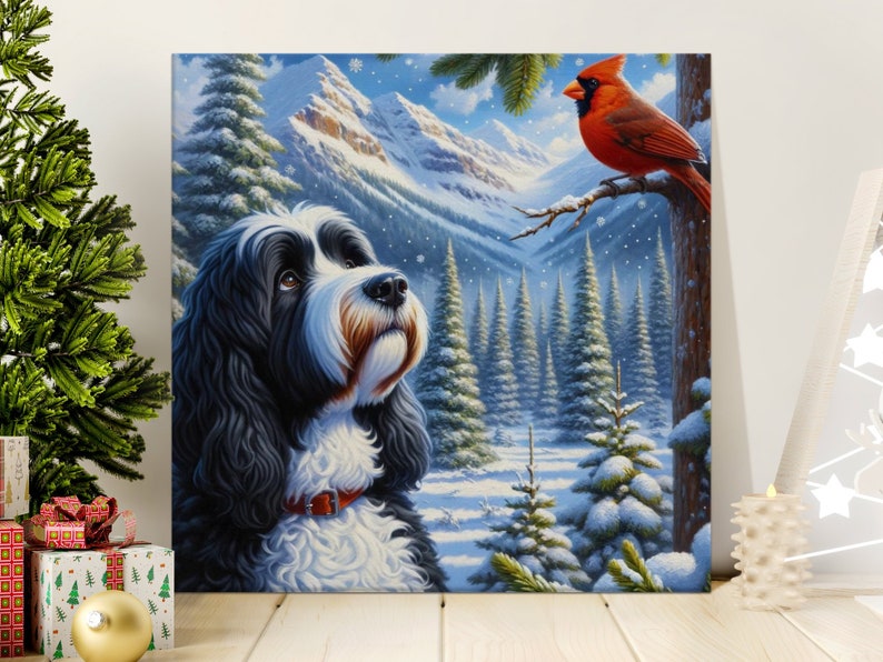 Doodle Dog and Cardinal Canvas Art, Winter Scene, Dog Lover Gift image 5