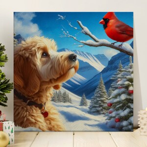 Cuadro de perro Doodle y cardenal, escena invernal. imagen 4